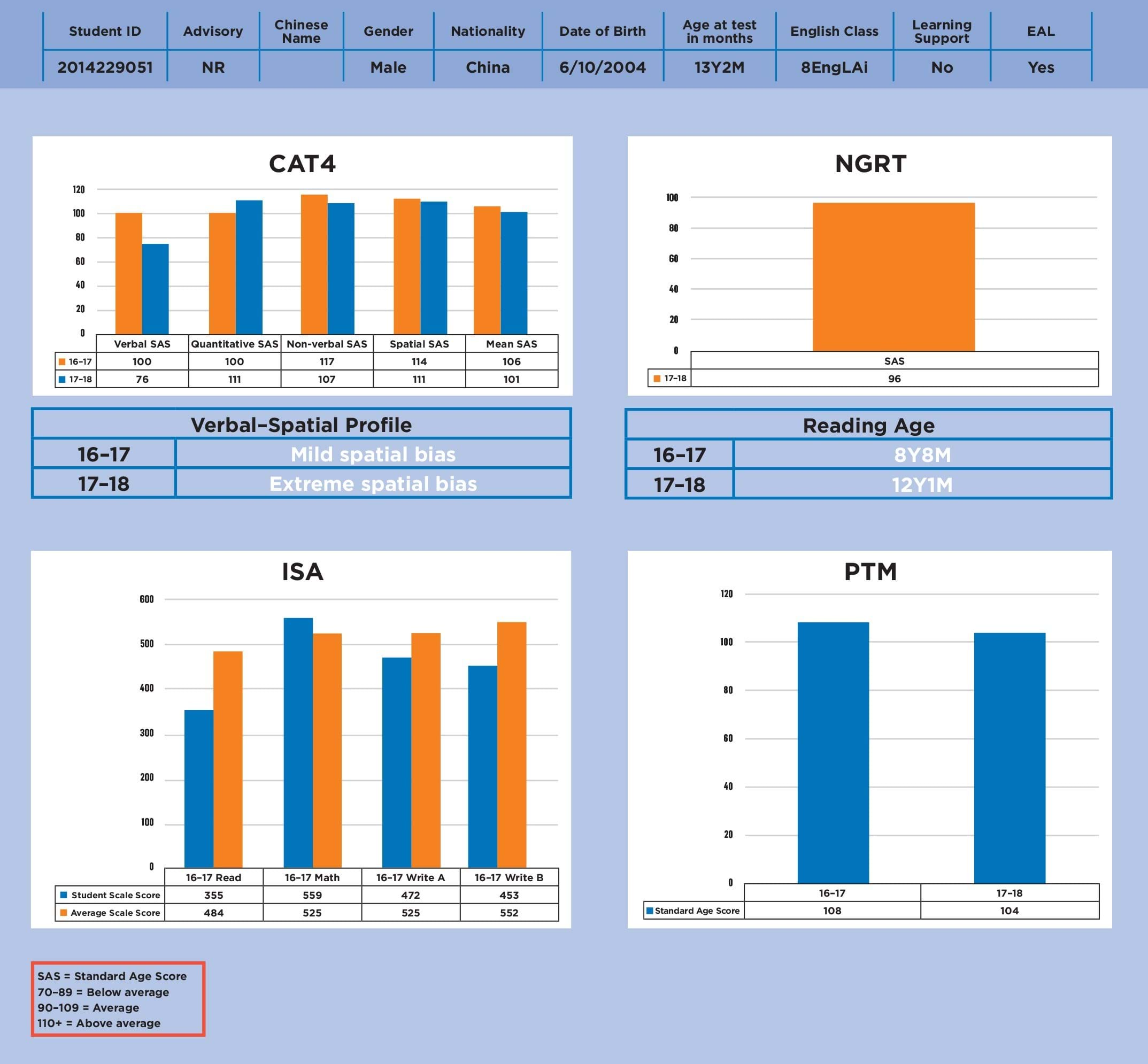 Example of an individual student assessment overview